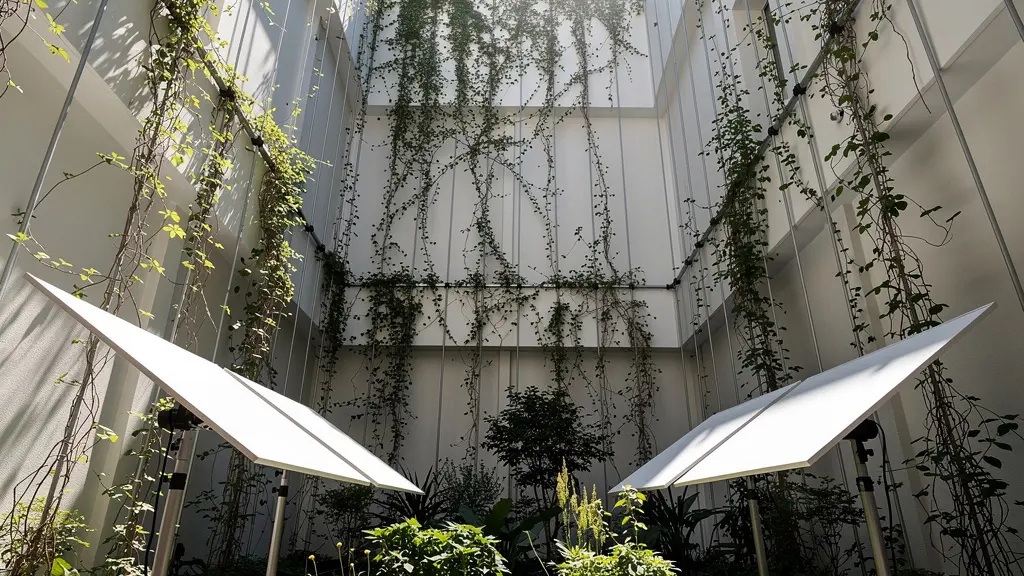 Jardin urbain encaissé avec panneaux réflecteurs captant la lumière zénithale