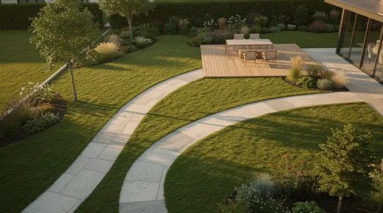 Vue aérienne d'un jardin avec différentes zones d'aménagement et chemins naturels