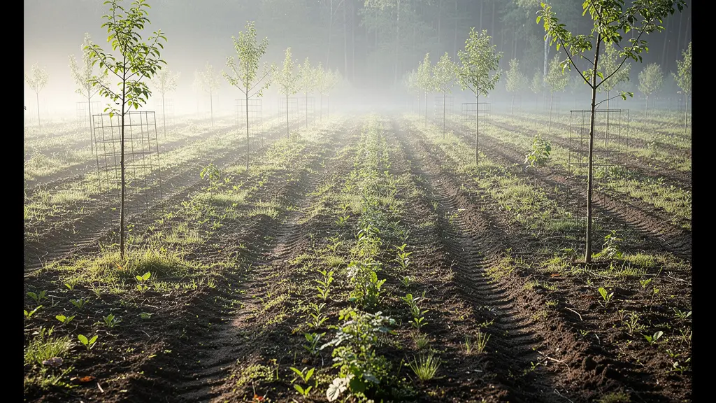 Vue d'ensemble d'une parcelle en régénération avec de jeunes plants forestiers espacés régulièrement