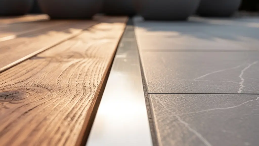 Détail de jonction entre lames de bois et carrelage créant un chemin visuel sur une terrasse