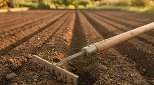 Vue rapprochée d'un lit de semence fraîchement préparé avec le râteau créant des sillons parfaitement réguliers dans la terre fine