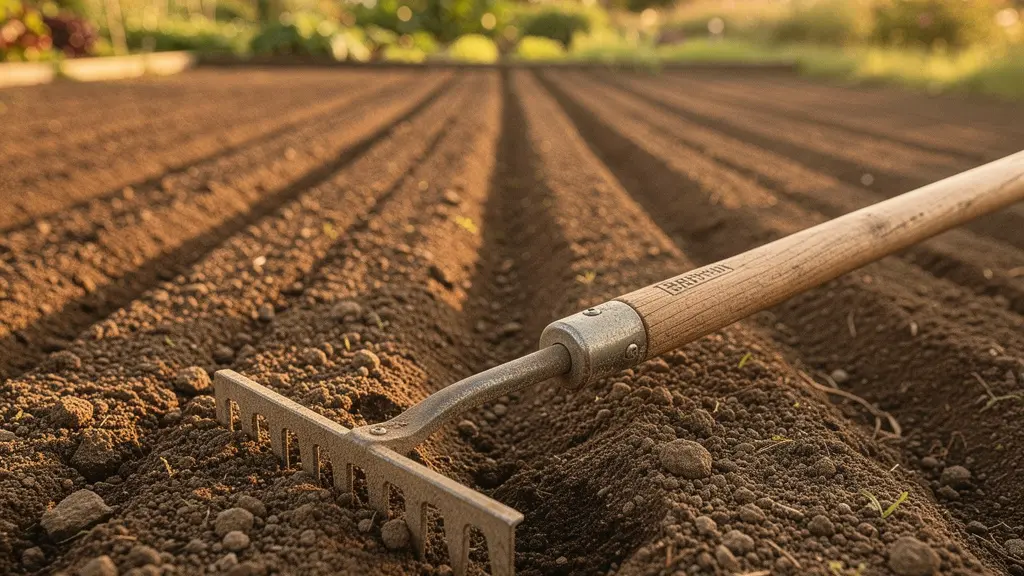 Vue rapprochée d'un lit de semence fraîchement préparé avec le râteau créant des sillons parfaitement réguliers dans la terre fine