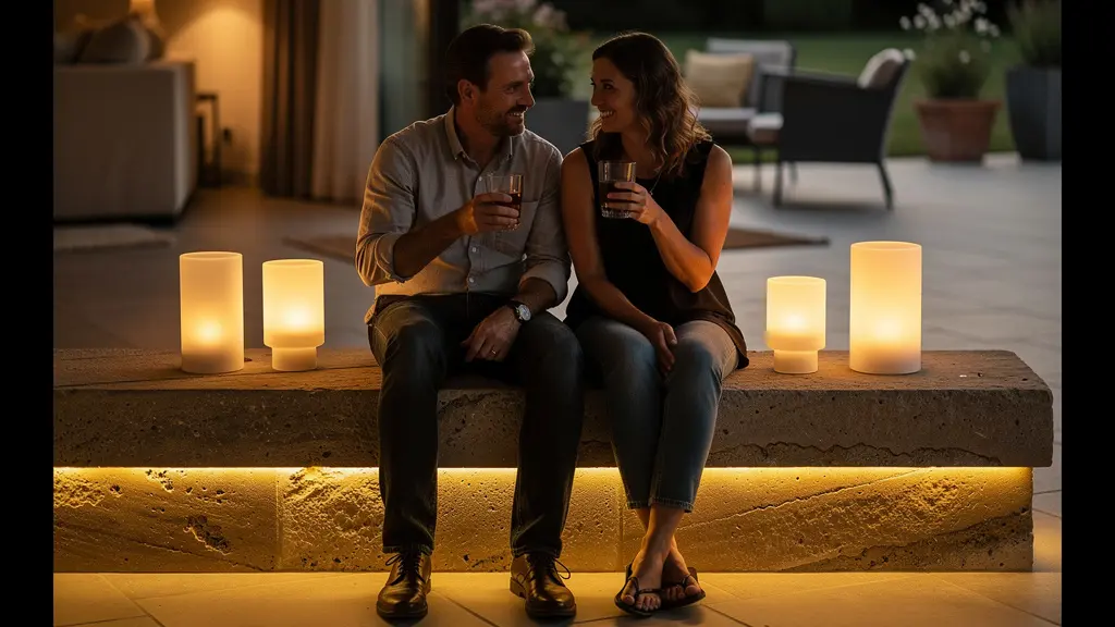 Large marche-banquette avec éclairage LED intégré faisant la transition entre un salon et une terrasse le soir