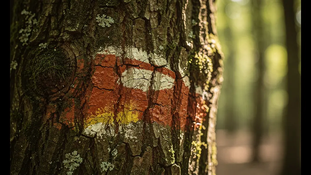 Gros plan sur un tronc d'arbre marqué à la peinture forestière avec d'autres arbres en arrière-plan