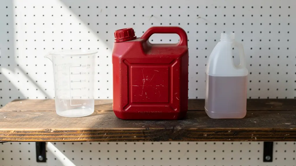 Vue en plongée d'un bidon de mélange 2 temps avec indicateur de date sur une étagère d'atelier