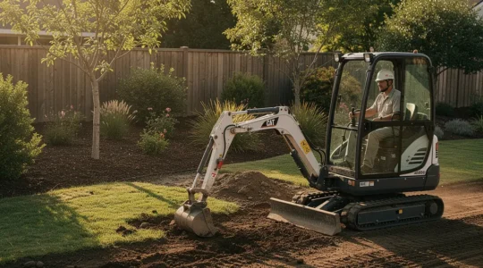 Opérateur utilisant une mini-pelle pour des travaux de terrassement dans un jardin