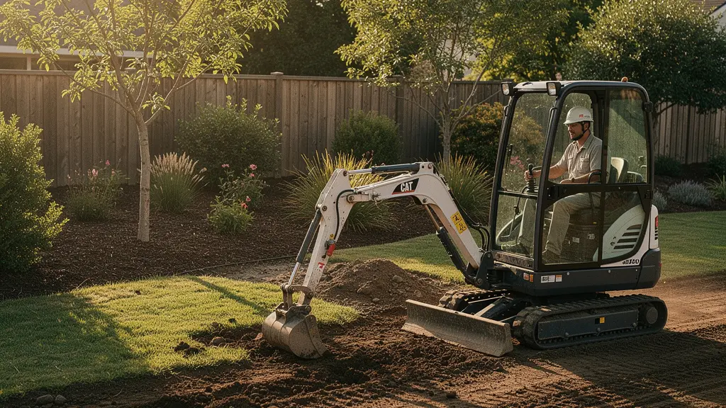 Opérateur utilisant une mini-pelle pour des travaux de terrassement dans un jardin
