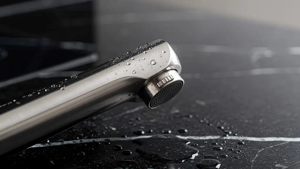 Gros plan sur un mitigeur design en inox brossé installé sur un plan de travail en granit noir