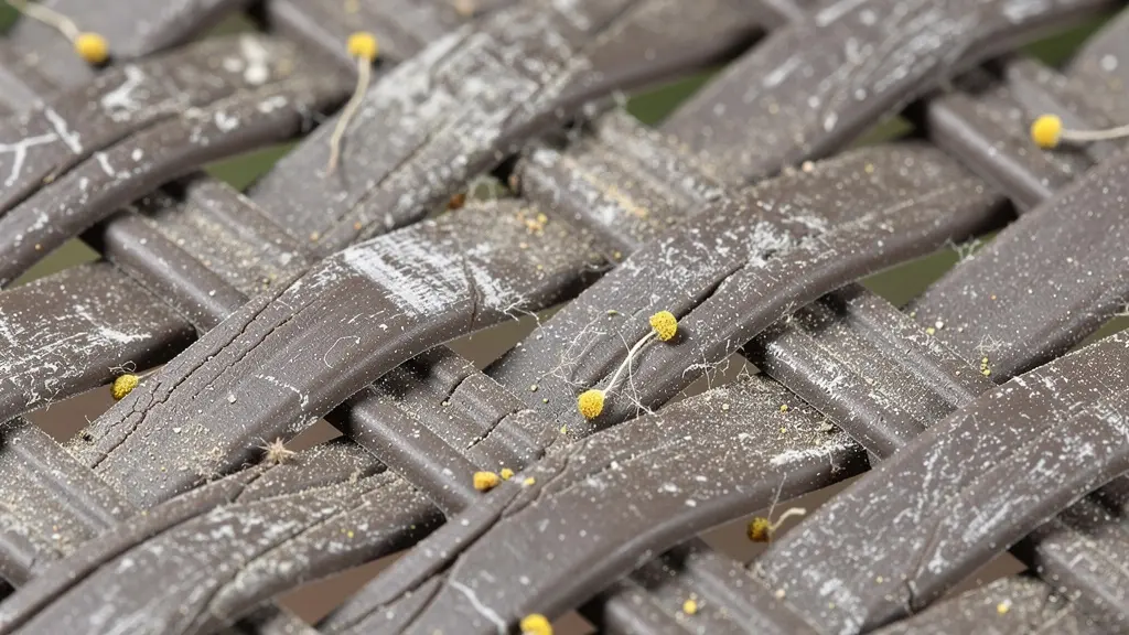 Détail en macro d'un tressage de résine montrant l'accumulation de poussière dans les interstices