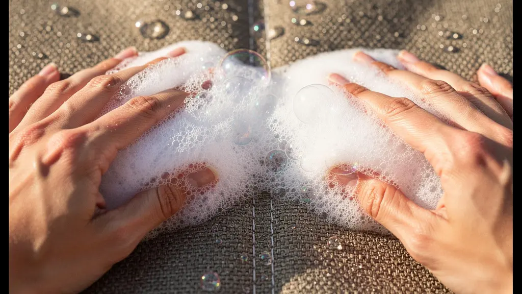 Mains nettoyant délicatement une toile de store avec une éponge et du savon naturel