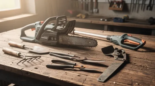 Matériel professionnel de jardin avec outils à batterie et thermiques disposés sur établi en bois