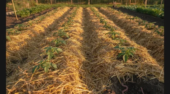 Vue aérienne d'un potager avec pommes de terre sous paillage de foin doré, vers de terre visibles dans la terre riche