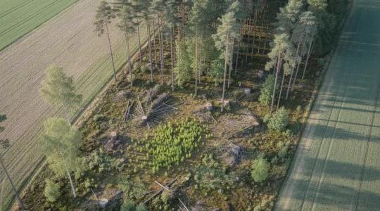 Vue aérienne d'une petite parcelle forestière bien entretenue avec des sentiers de gestion visibles