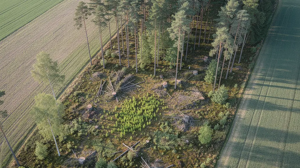 Vue aérienne d'une petite parcelle forestière bien entretenue avec des sentiers de gestion visibles