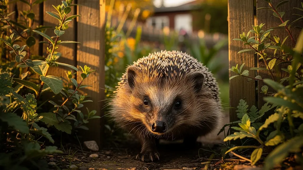 Vue en contre-plongée d'un passage aménagé dans une clôture avec un hérisson qui le traverse