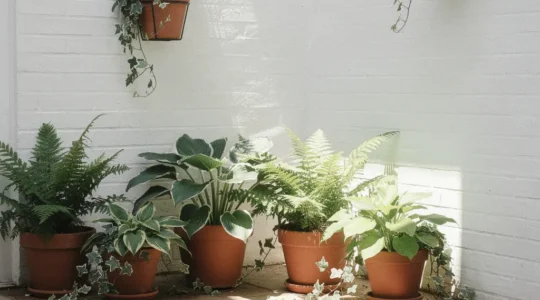 Patio végétalisé avec murs blancs réfléchissants et plantes d'ombre luxuriantes