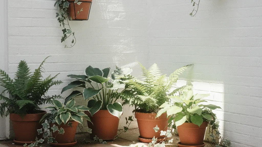 Patio végétalisé avec murs blancs réfléchissants et plantes d'ombre luxuriantes