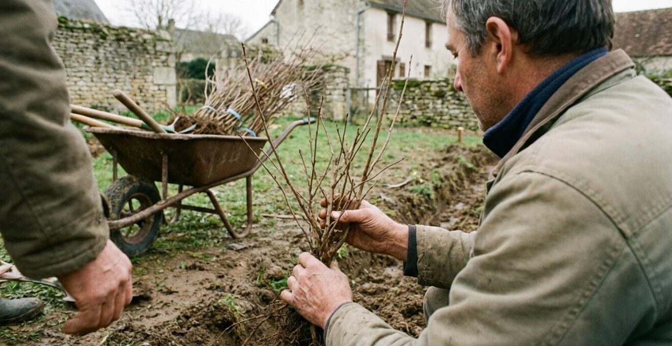 Paysagiste plantant un arbuste à racines nues dans tranchée jardin résidentiel