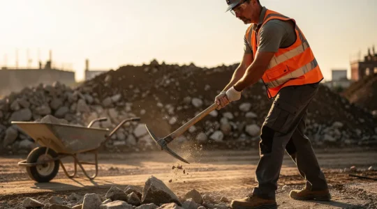 Travailleur utilisant une pioche de terrassier pour décaisser un sol rocheux avec technique optimale