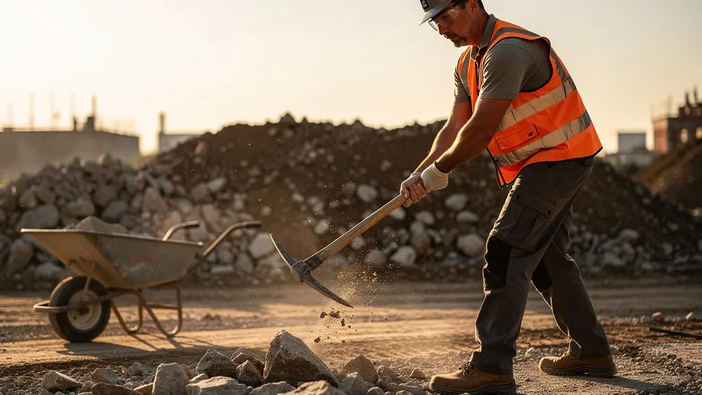 Travailleur utilisant une pioche de terrassier pour décaisser un sol rocheux avec technique optimale