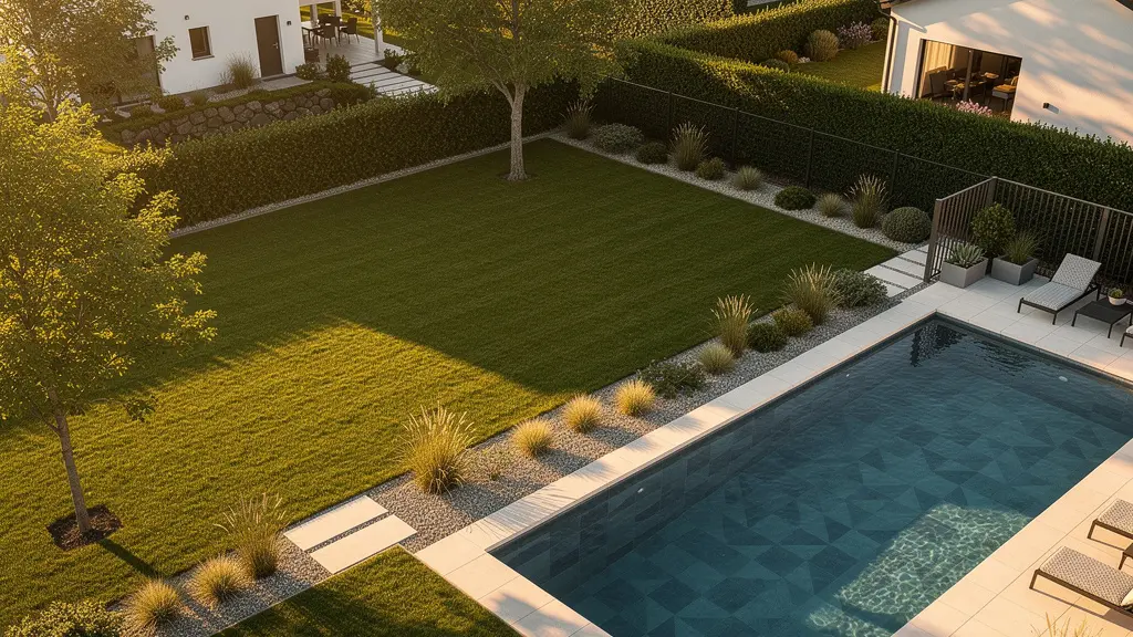 Vue aérienne d'un jardin avec piscine idéalement placée bénéficiant d'un ensoleillement maximal