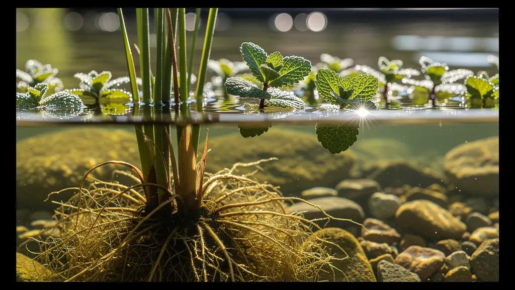Vue détaillée des plantes épuratrices dans la zone de lagunage d'un bassin naturel