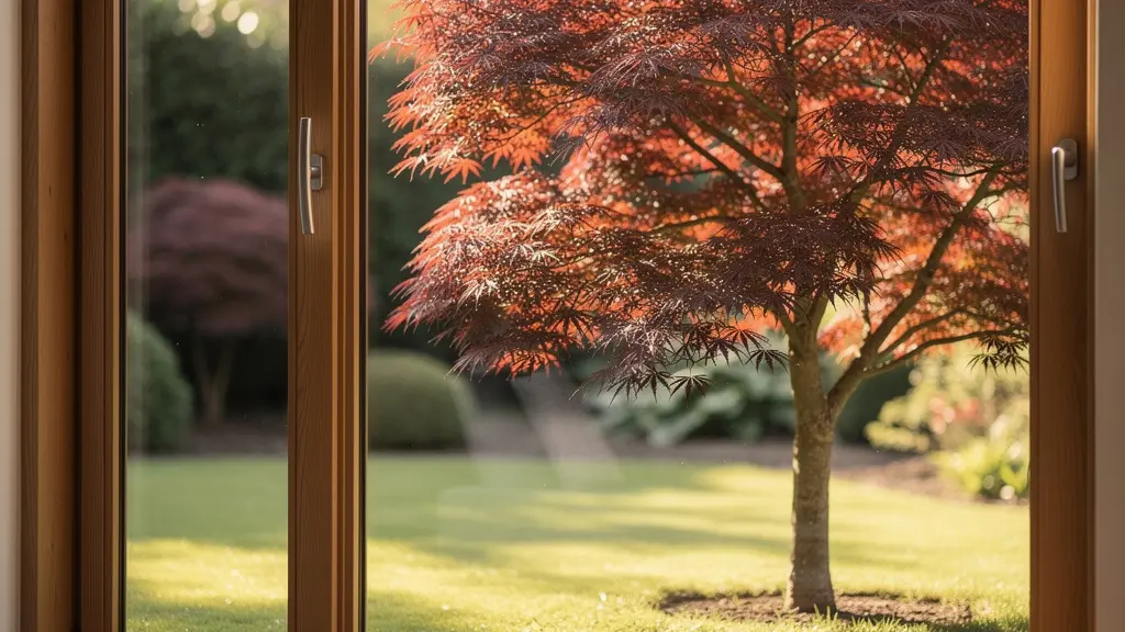 Vue depuis l'intérieur d'un salon montrant un arbre remarquable parfaitement cadré dans la fenêtre