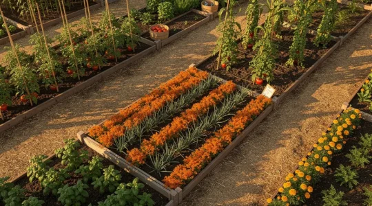 Vue aérienne d'un potager diversifié avec rangées de carottes et oignons alternées, plants de tomates avec basilic, et haricots grimpants sur maïs, baigné par une lumière dorée matinale