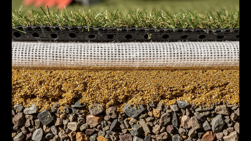 Coupe technique montrant les différentes couches de préparation du sol pour gazon synthétique