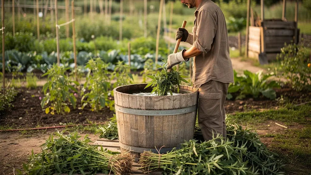 Vue environnementale d'un jardinier préparant du purin d'ortie dans un grand bac, entouré de plants d'orties fraîches, avec potager en arrière-plan
