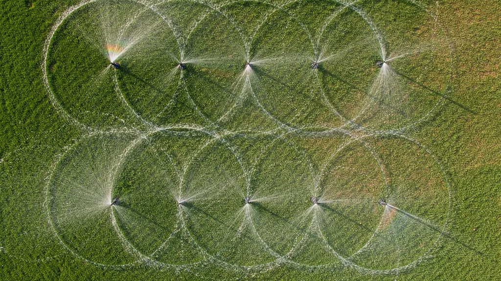 Vue aérienne d'une pelouse montrant le chevauchement des zones d'arrosage en cercles