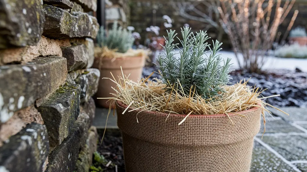 Pot de romarin entouré de voile d'hivernage et paillage épais, installé contre un mur abrité avec d'autres protections hivernales