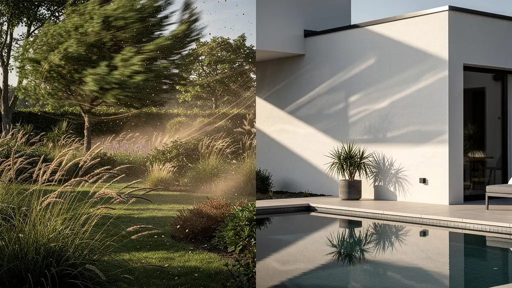 Piscine protégée du vent par un mur de maison créant un microclimat favorable