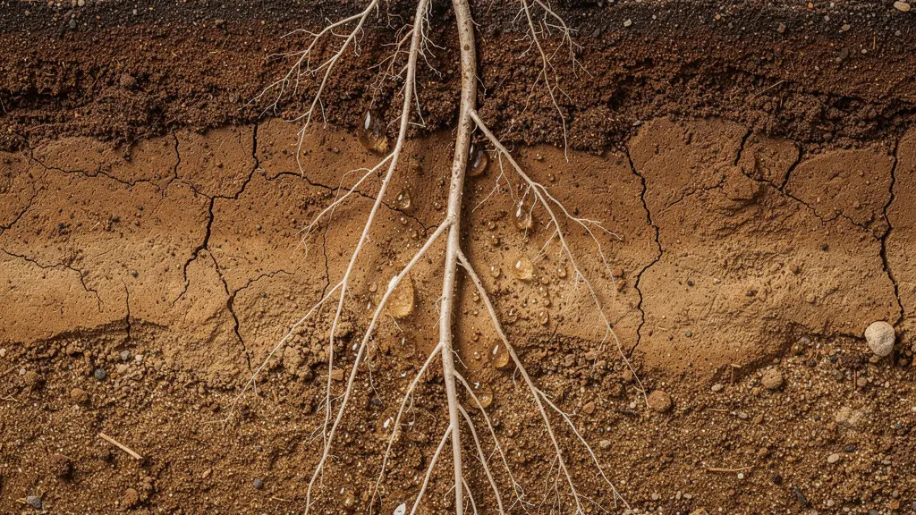 Coupe du sol montrant le développement racinaire profond d'un arbuste planté à l'automne