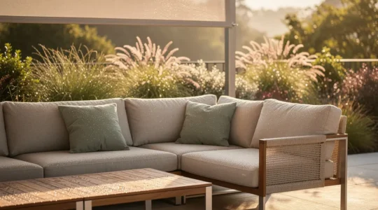 Espace lounge extérieur avec mobilier résistant aux UV et à la pluie sur une terrasse ensoleillée