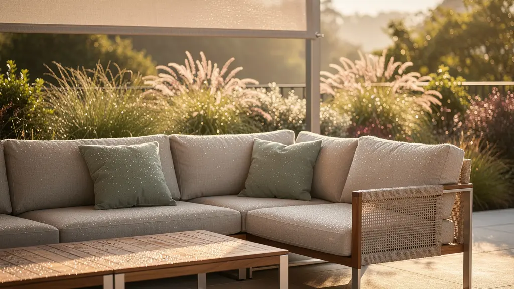 Espace lounge extérieur avec mobilier résistant aux UV et à la pluie sur une terrasse ensoleillée