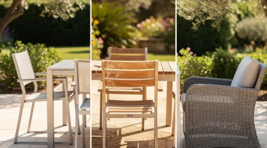 Comparaison visuelle de trois salons de jardin en aluminium, bois teck et résine tressée sur une terrasse ensoleillée