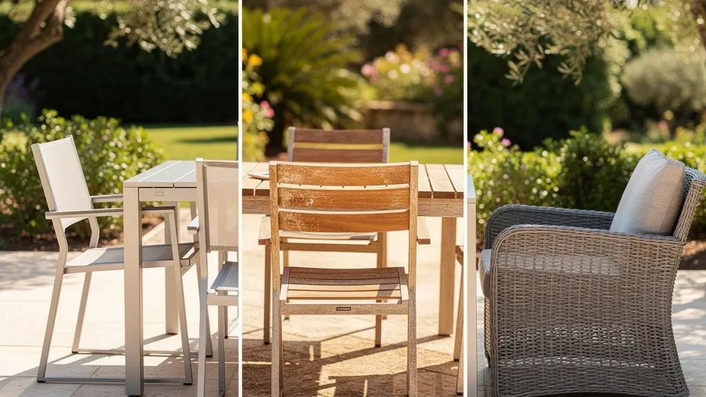 Comparaison visuelle de trois salons de jardin en aluminium, bois teck et résine tressée sur une terrasse ensoleillée
