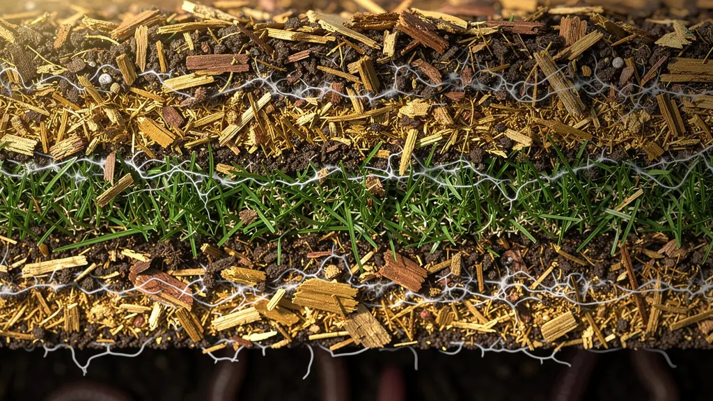 Coupe transversale montrant l'alternance de couches de broyat et de matières azotées dans le sol