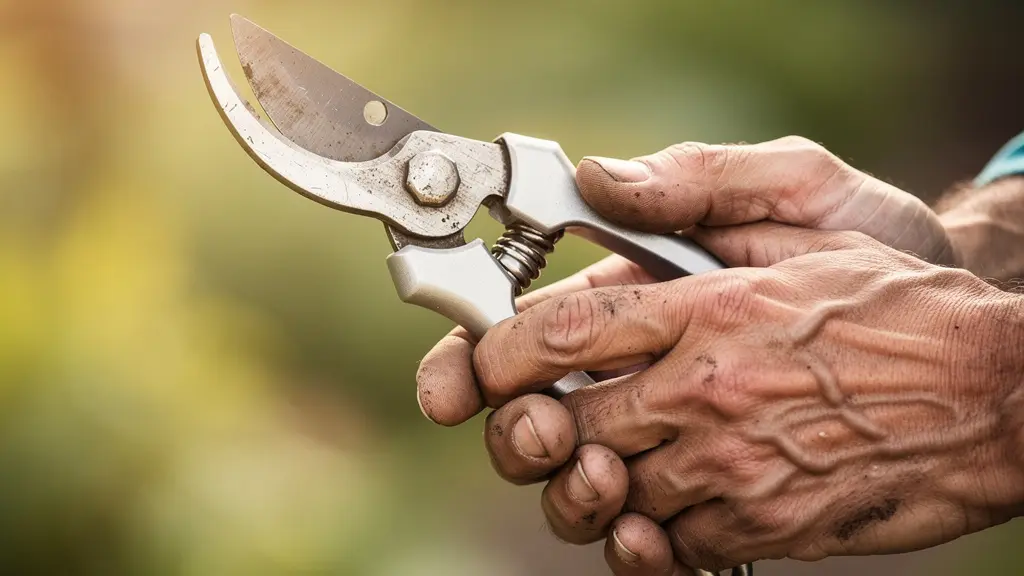 Main de paysagiste tenant un sécateur professionnel ergonomique, symbole de l'investissement dans un outil durable.
