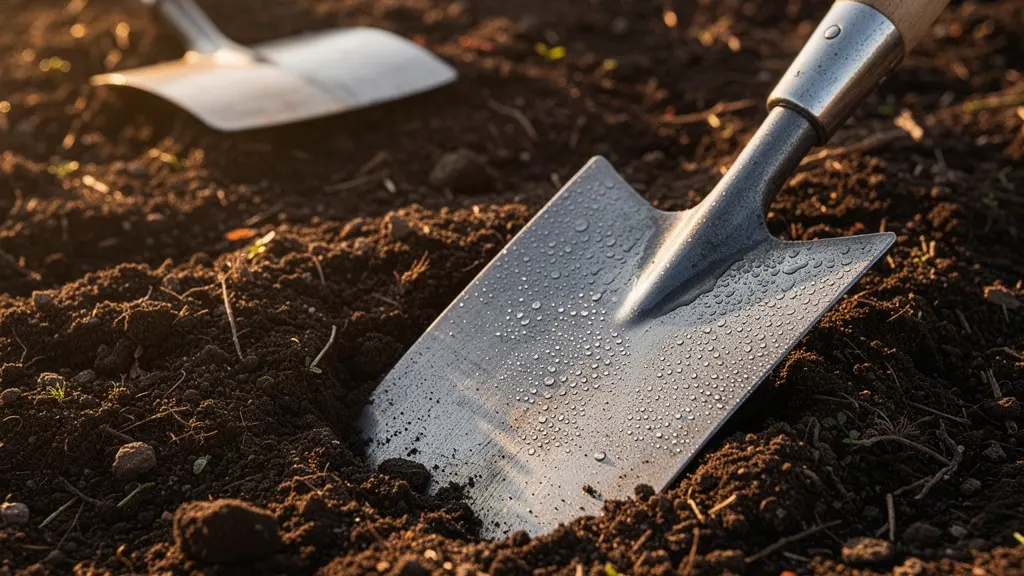 Vue comparative d'une serfouette forgée en acier et d'une binette standard sur sol de jardin, montrant les deux faces de la serfouette