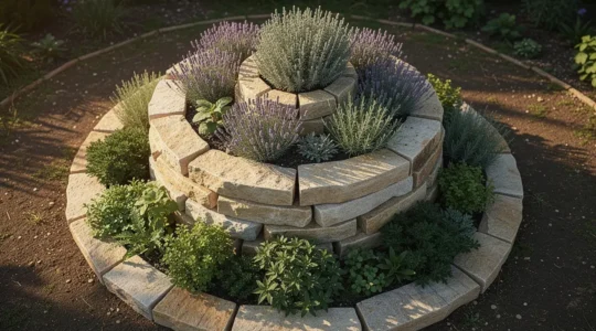 Vue aérienne d'une spirale d'aromatiques en pierre naturelle avec plantes méditerranéennes au sommet et herbes fraîches à la base dans un jardin ensoleillé