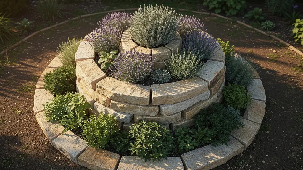 Vue aérienne d'une spirale d'aromatiques en pierre naturelle avec plantes méditerranéennes au sommet et herbes fraîches à la base dans un jardin ensoleillé