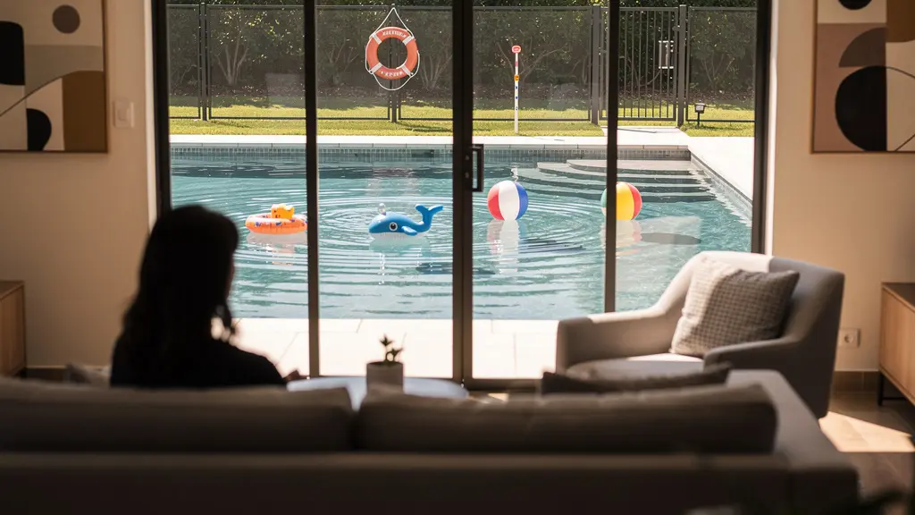 Vue depuis l'intérieur d'une maison montrant une piscine parfaitement visible à travers de grandes baies vitrées