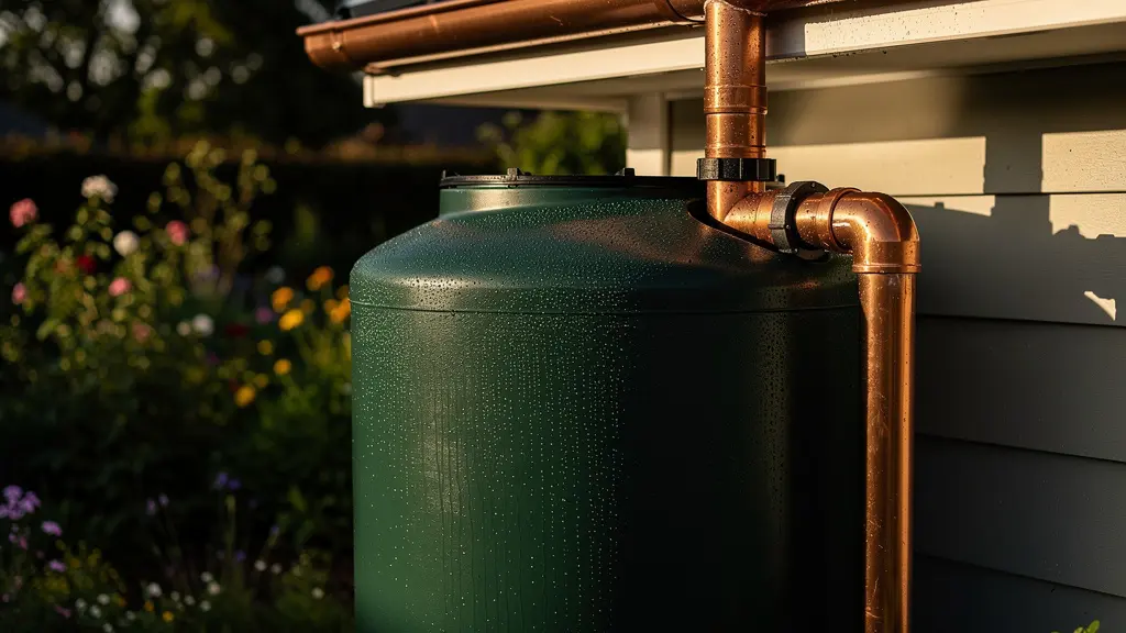 Cuve de récupération d'eau de pluie installée près d'une gouttière dans un jardin