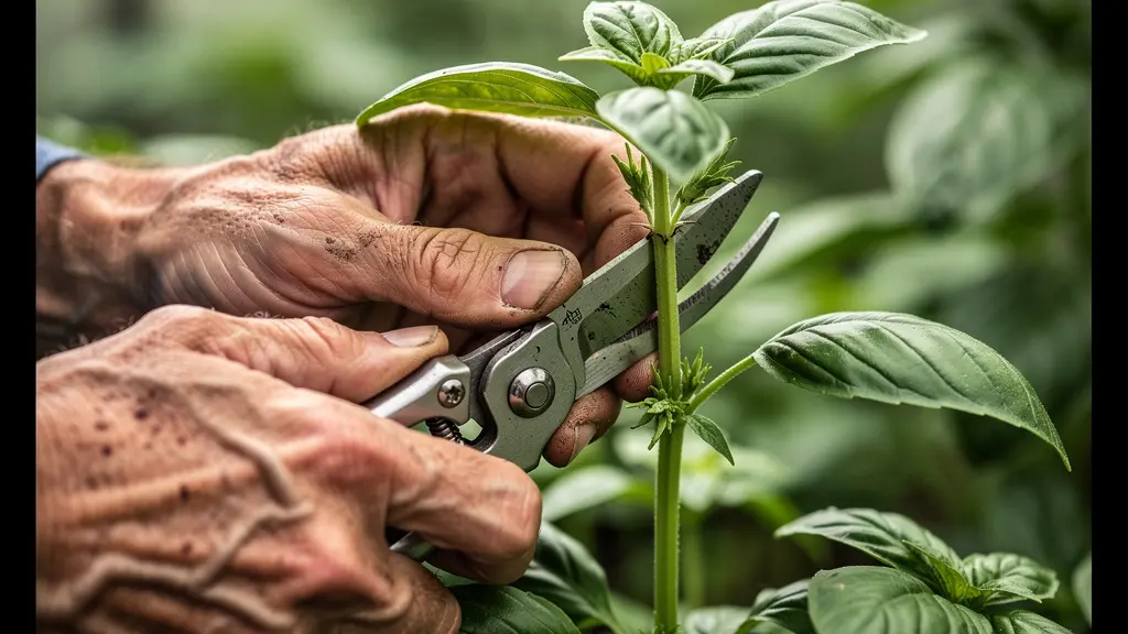 Mains taillant une tige de basilic au-dessus d'un nœud de feuilles avec sécateur, montrant la technique de ramification