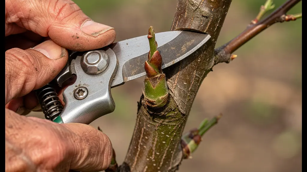 Gros plan sur la taille d'une coursonne de pommier avec sécateur
