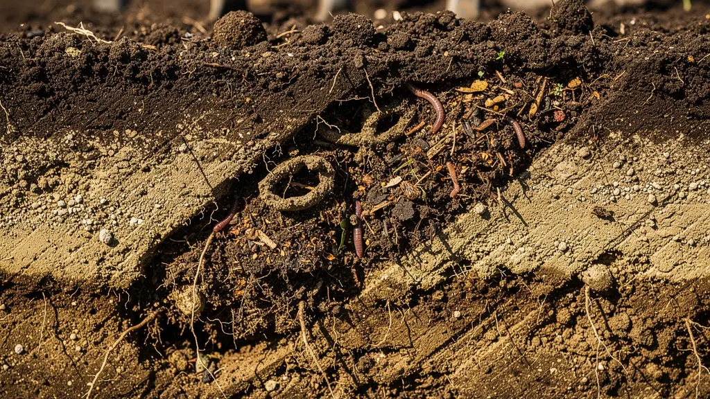 Coupe transversale du sol montrant les étapes du double-bêchage écologique avec ajout de compost