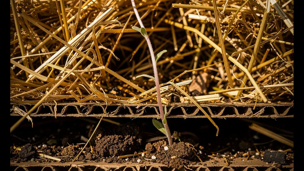 Coupe transversale montrant 25-30 cm de foin doré sur carton brun, avec tige de liseron étiolée tentant de percer
