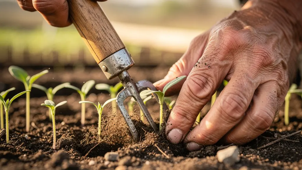 Gros plan sur des mains utilisant délicatement une serfouette entre des rangées de jeunes pousses de légumes